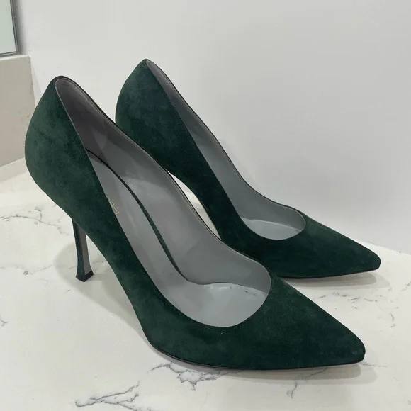 Sergio Rossi Dark Green Suede Pointed Toe Pumps Heels - Picture 10 of 16